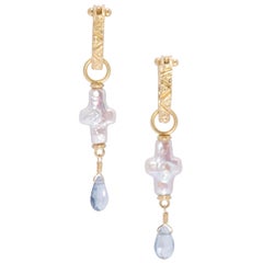 Pearl Cross Earrings with Blue Topaz Briolettes in 18 Karat Gold