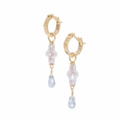 Pearl Cross Earrings with Blue Topaz Briolettes in 18 Karat Gold