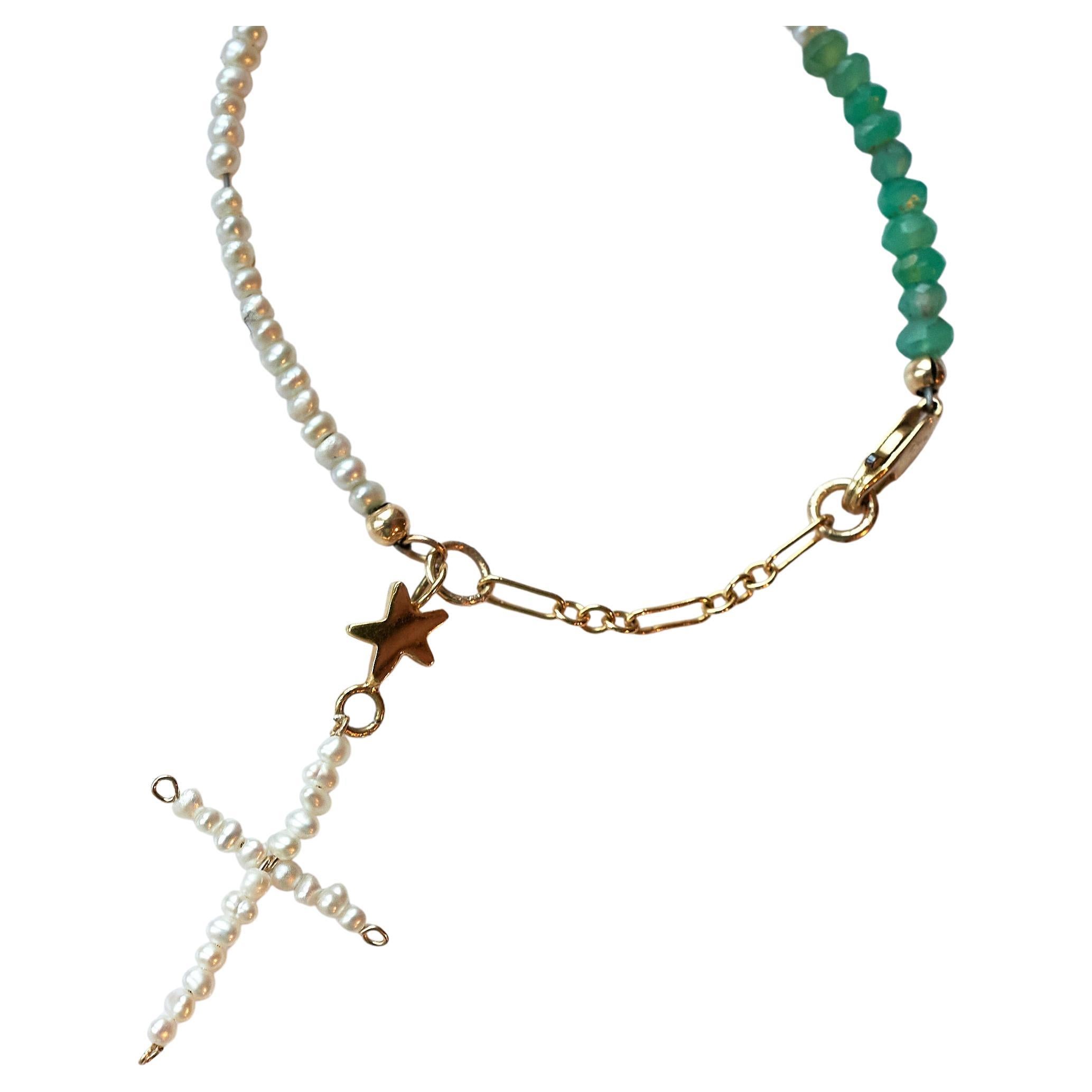 Round Cut Pearl Cross White Pearl Chain Bracelet Green Chrysoprase J Dauphin For Sale