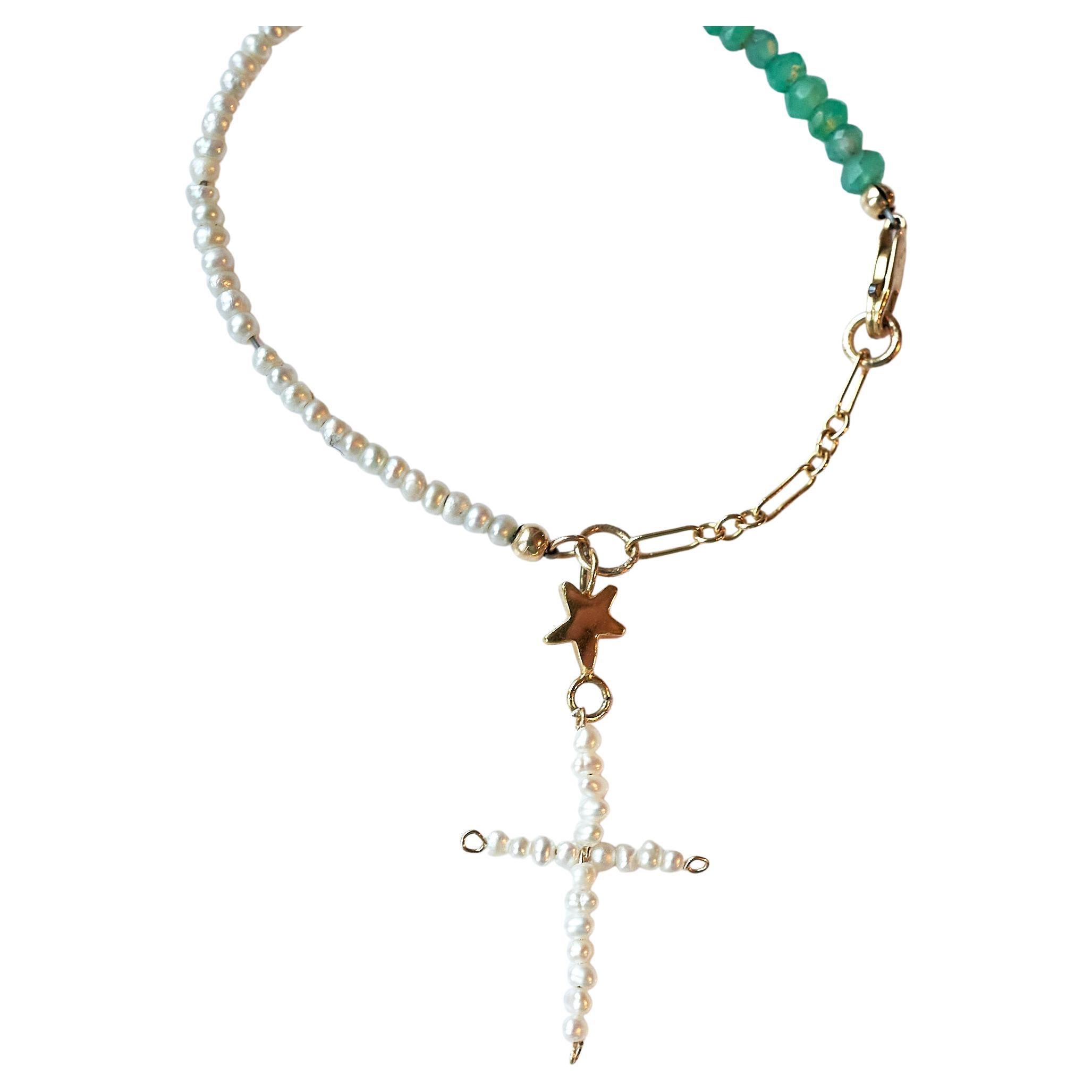 Perlenkreuz Weiß Perlen Kette Armband Grüner Chrysopras J Dauphin im Zustand „Neu“ im Angebot in Los Angeles, CA