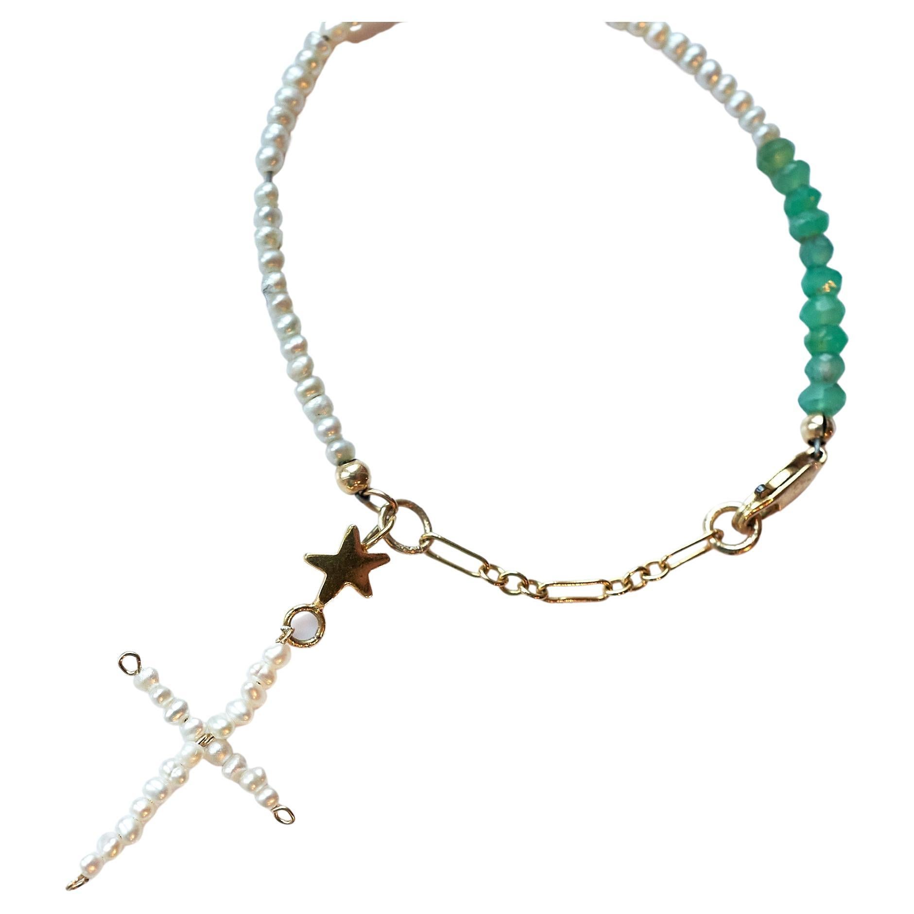 Women's Pearl Cross White Pearl Chain Bracelet Green Chrysoprase J Dauphin For Sale