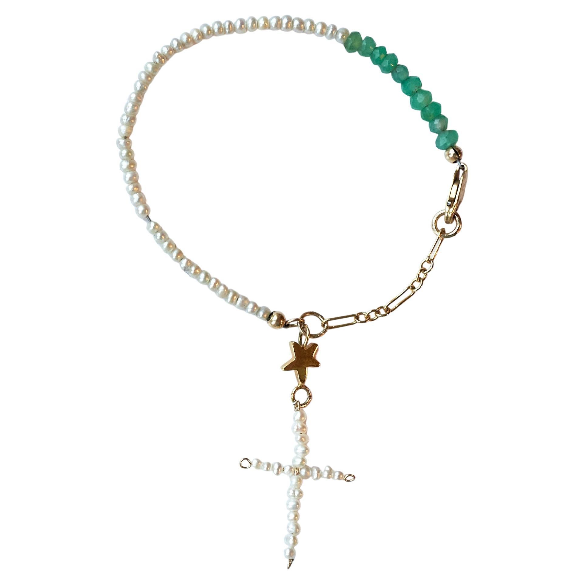 Pearl Cross White Pearl Chain Bracelet Green Chrysoprase J Dauphin