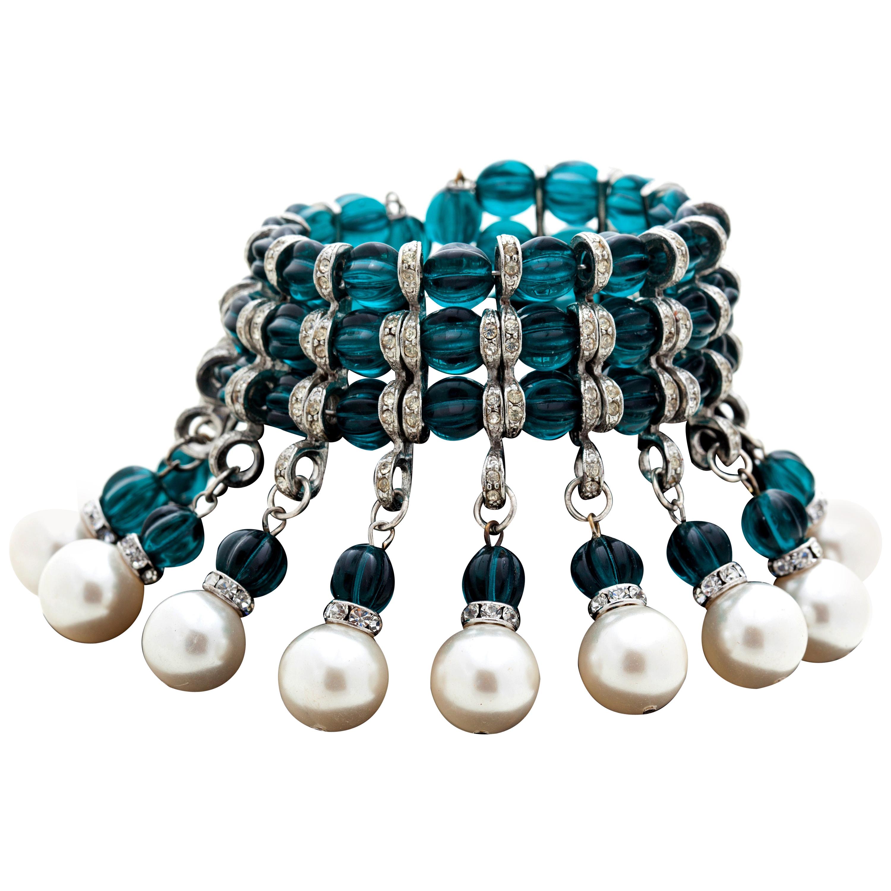 Pearl, Crystal and Green Glass Runway Bracelet by Julie Rubano For Sale