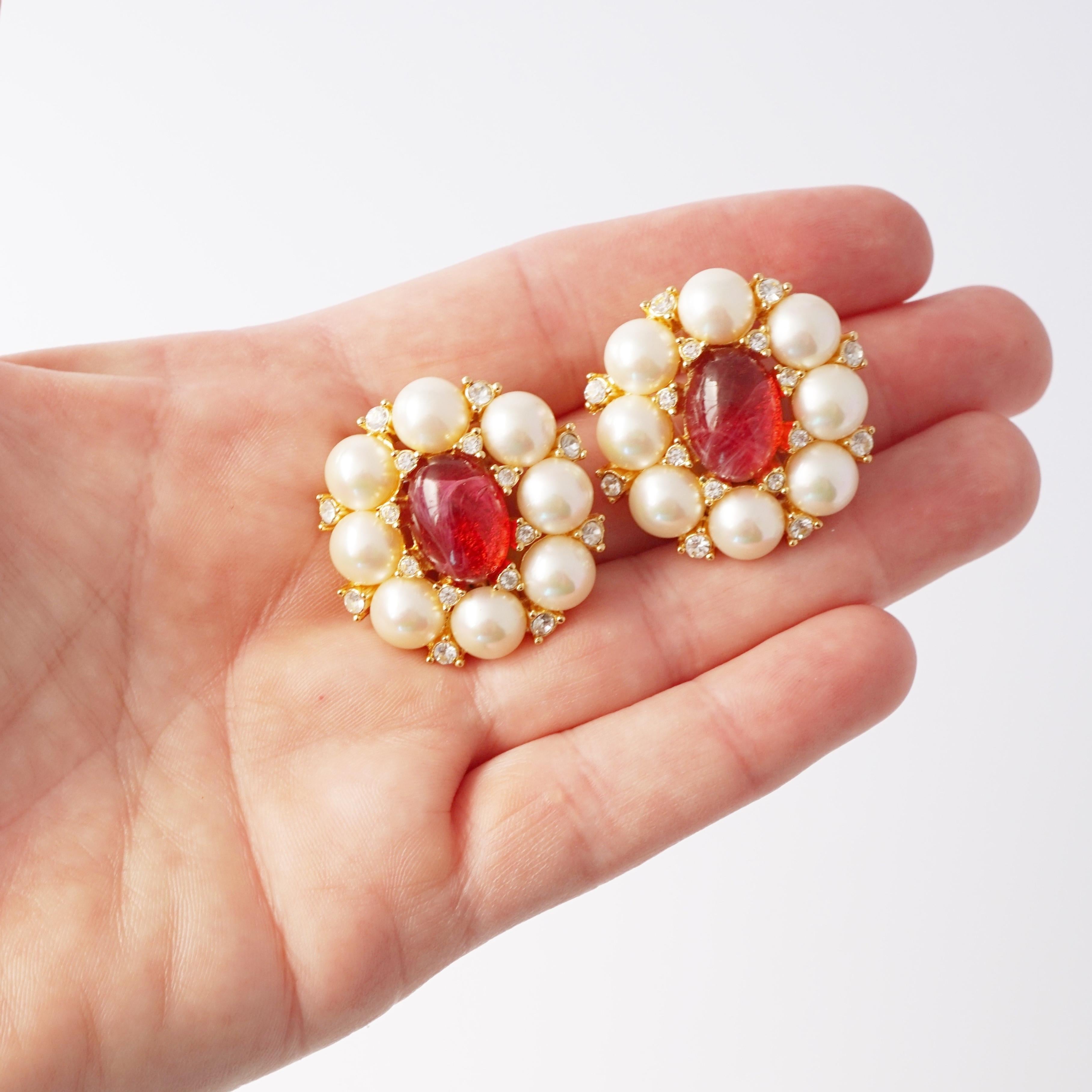 Pendientes de perlas, cristales y rubíes de Grossé para Christian Dior, años 80 en venta 2