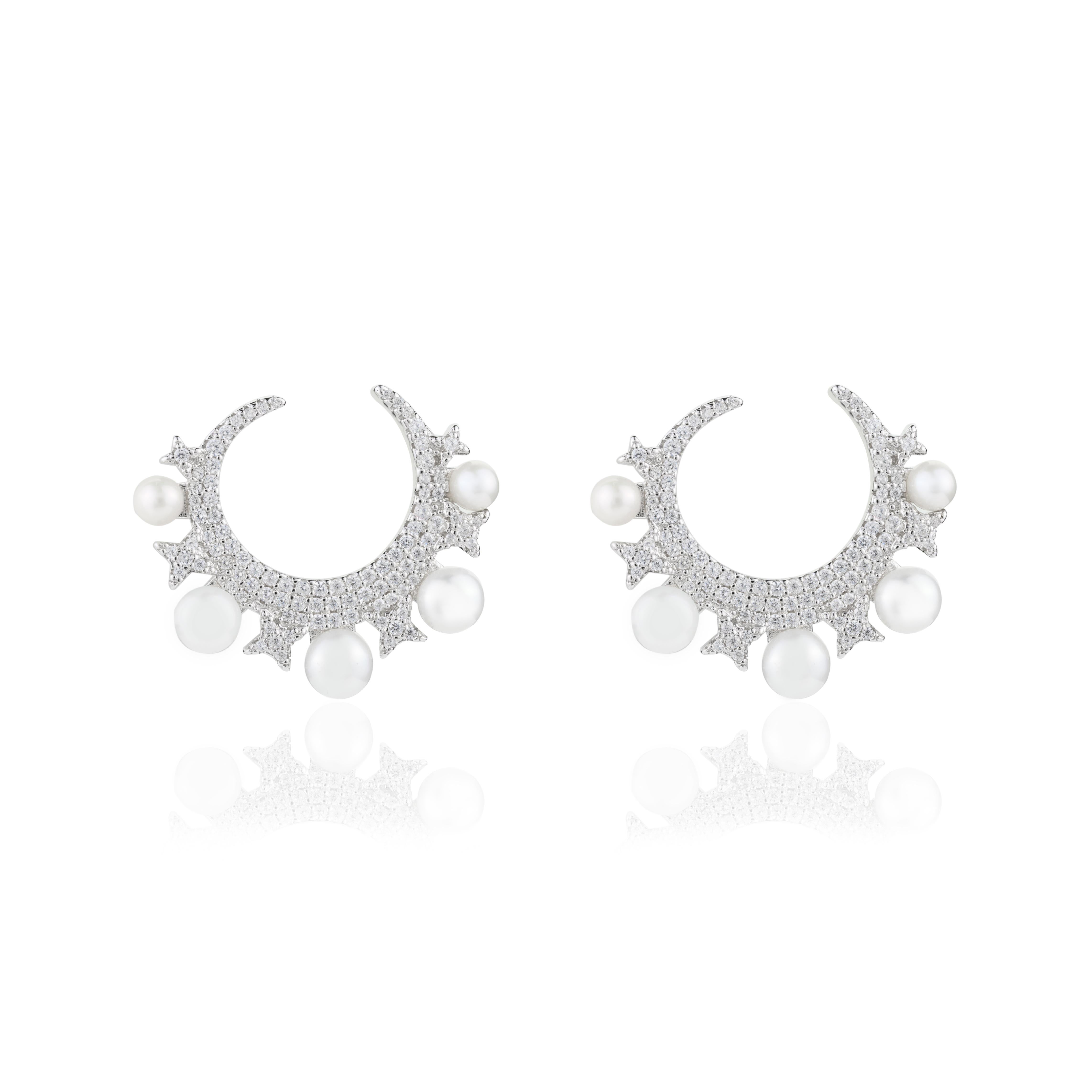 Modernist Pearl Cubic Zirconia Big Half Moon Pushback Earrings Gift for Her in 925 Silver For Sale