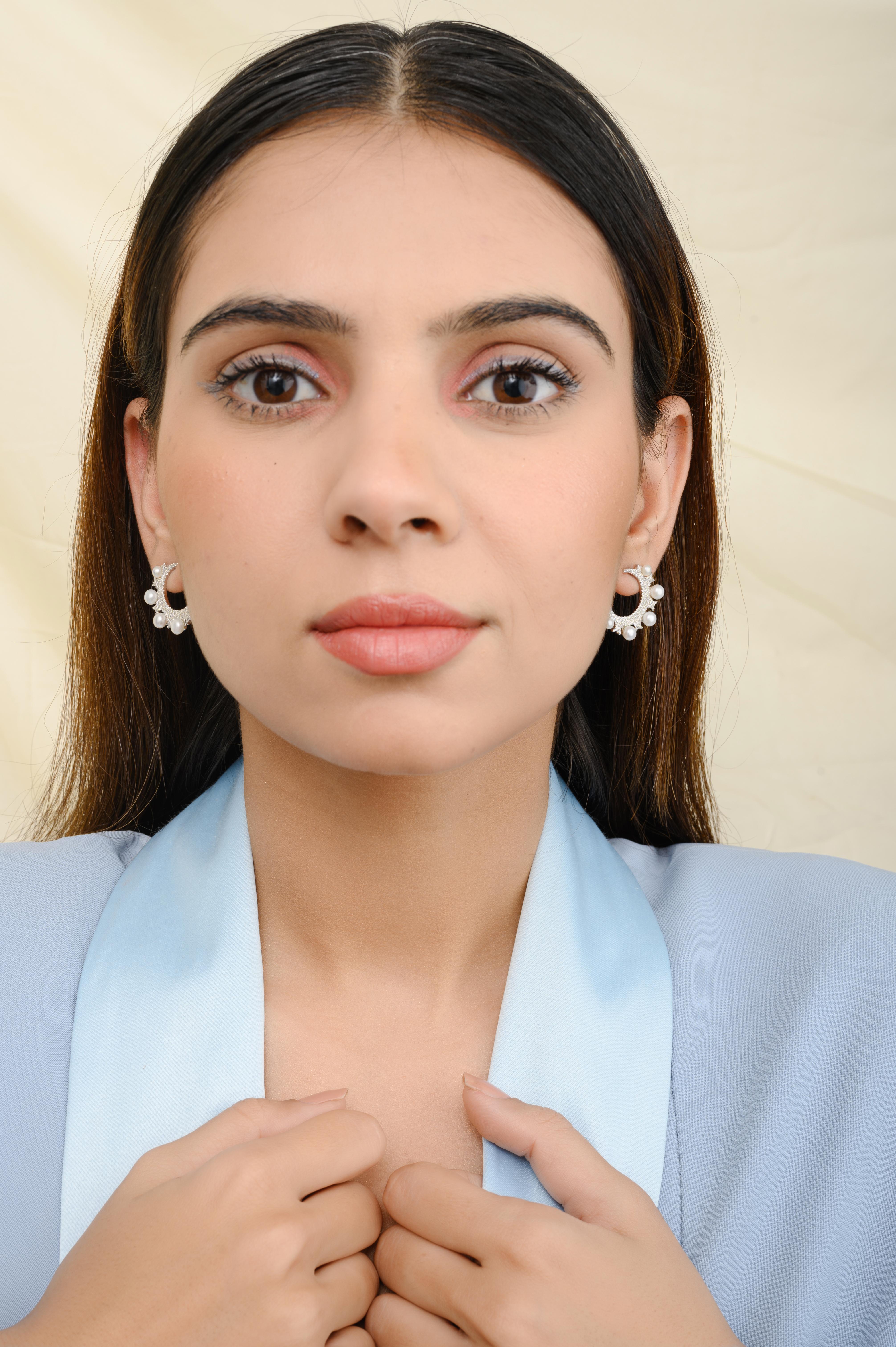 Mixed Cut Pearl Cubic Zirconia Big Half Moon Pushback Earrings Gift for Her in 925 Silver For Sale