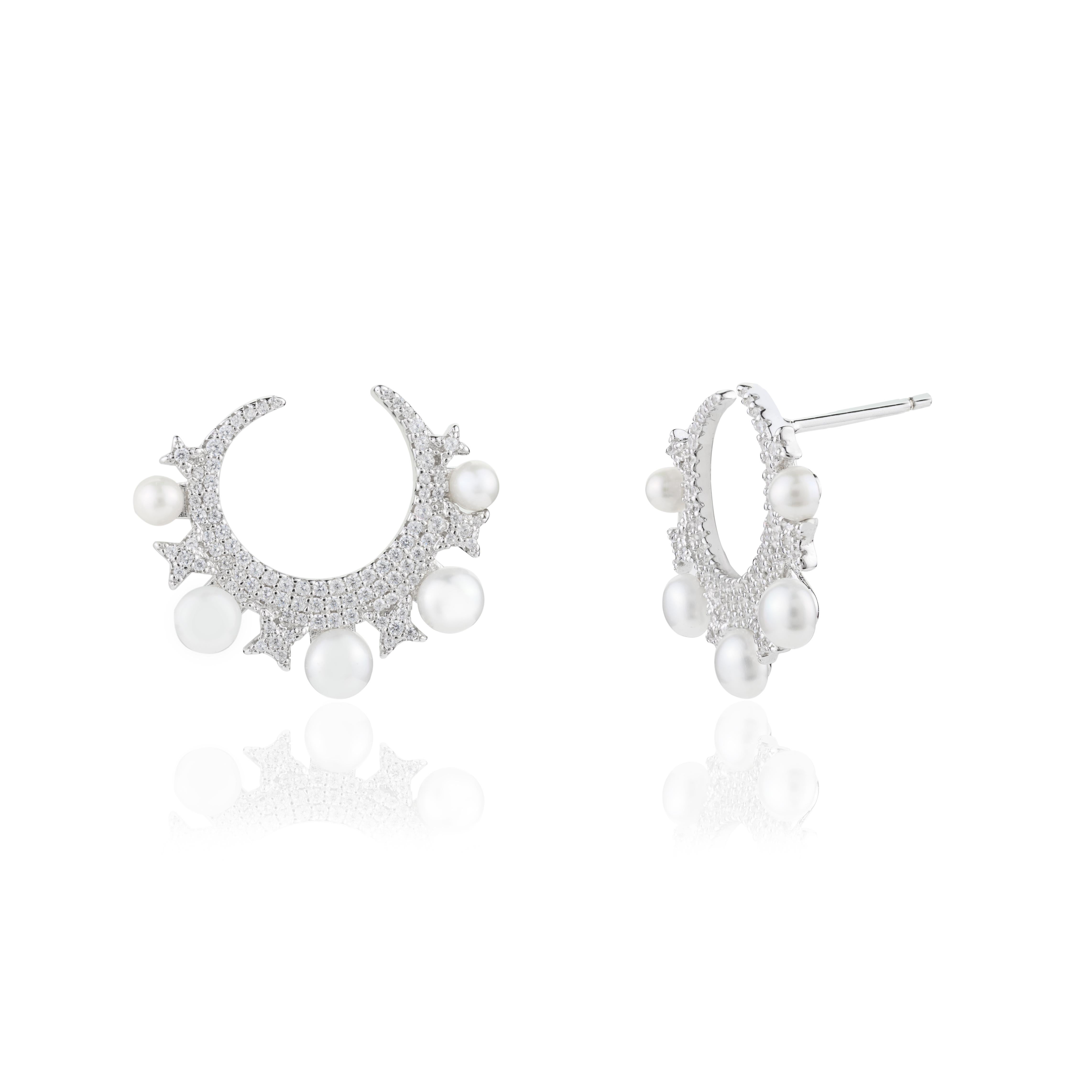 Women's Pearl Cubic Zirconia Big Half Moon Pushback Earrings Gift for Her in 925 Silver For Sale