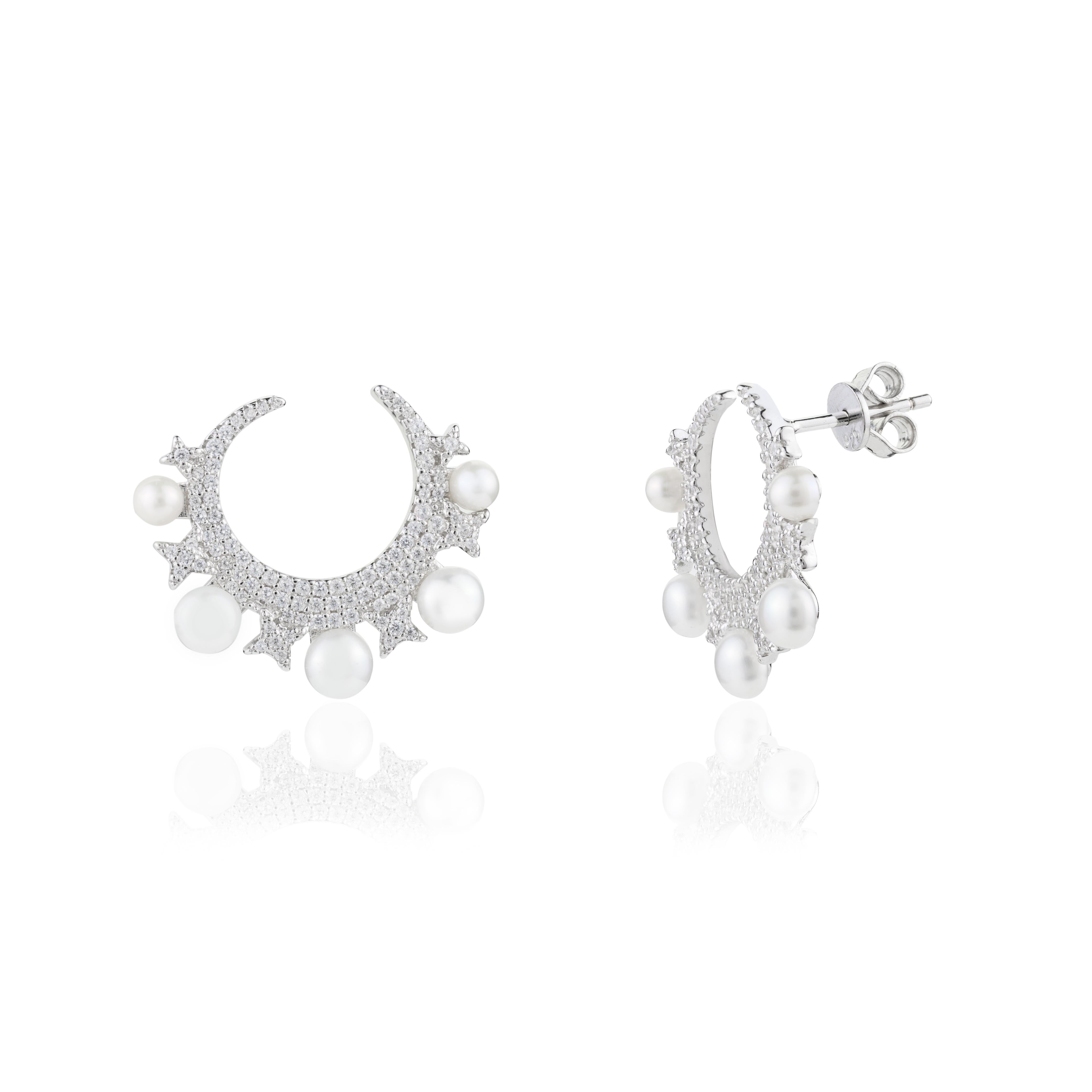 Pearl Cubic Zirconia Big Half Moon Pushback Earrings Gift for Her in 925 Silver For Sale 2