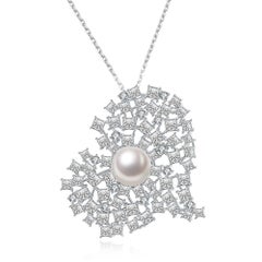Pearl Cubic Zirconia Sterling Silver Heart Pendant Brooch