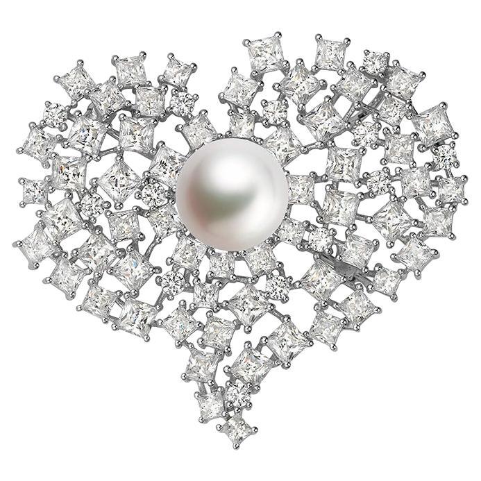 Pearl Cubic Zirconia Sterling Silver Heart Pendant Brooch
