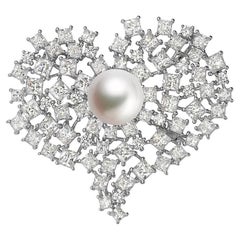 Pearl Cubic Zirconia Sterling Silver Heart Pendant Brooch