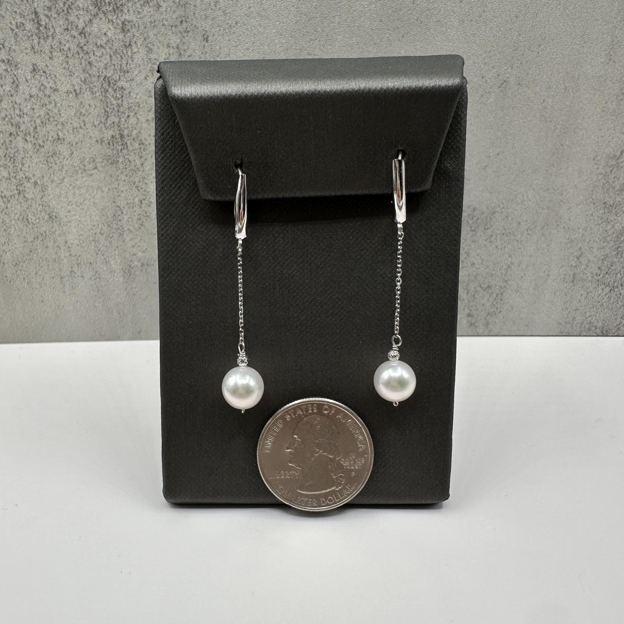 Boucles d'oreilles pendantes en or blanc 14kt - perles d'eau douce de 8mm, nouvelles Neuf - En vente à West Hempstead, NY