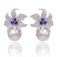 Natural 29.58cts Pearl, 1.31cts Diamond & 0.68cts Sapphire Earrings in 14k Gold