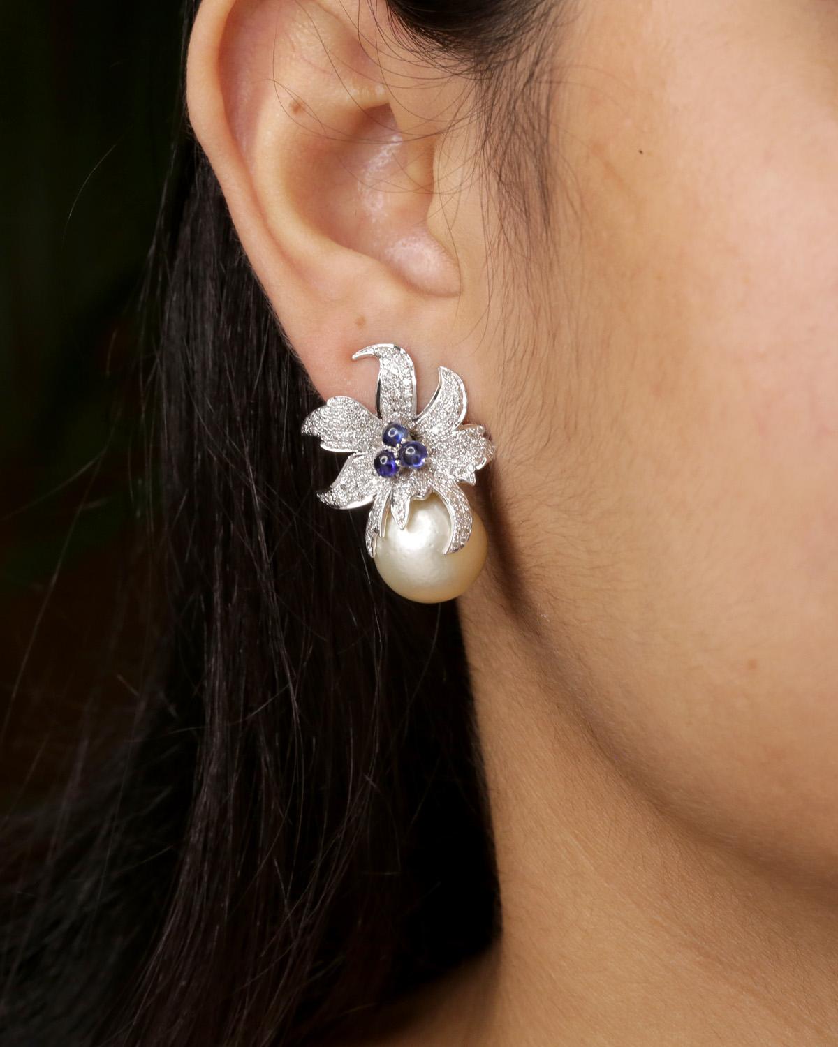 Brilliant Cut Pearl Dangle Earrings with Diamond and Sapphire in 14k Gold For Sale