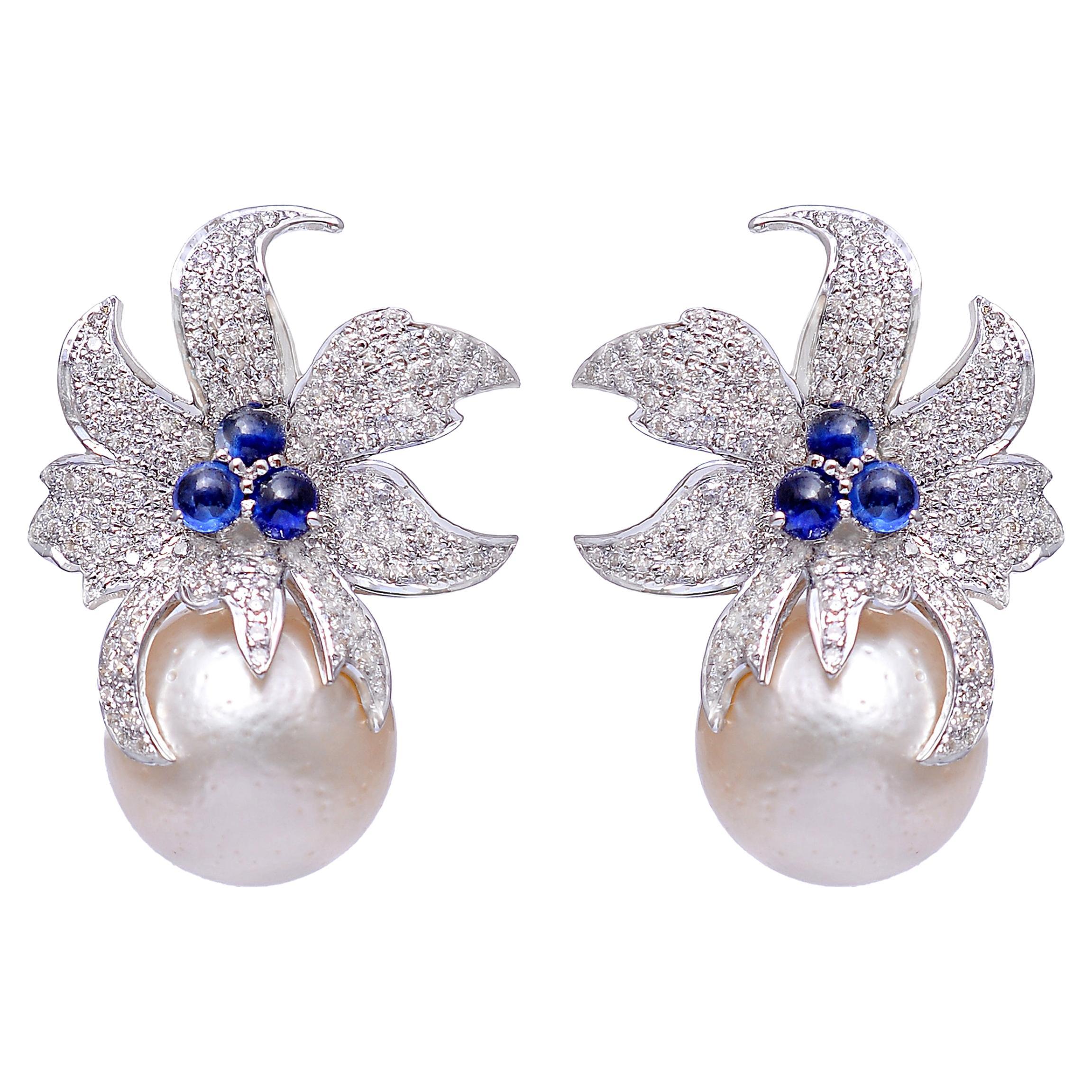 Pearl Dangle Earrings with Diamond and Sapphire in 14k Gold For Sale