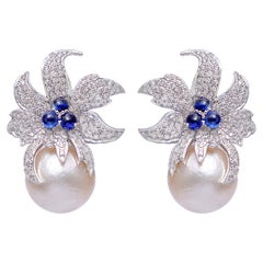 Pearl Dangle Earrings with Diamond and Sapphire in 14k Gold
