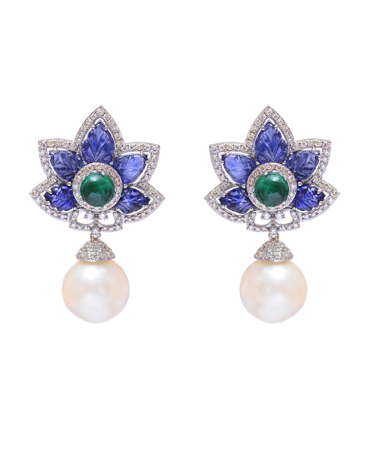 Get ready to spellbind in these exceptionally beautiful dangle earrings. Expertly crafted with sapphire, emerald pearl and diamonds, this timeless design is set in 14K white gold. 

Specifications:

Dimensions: 30 x 15 MM
Gross Weight: 13.560