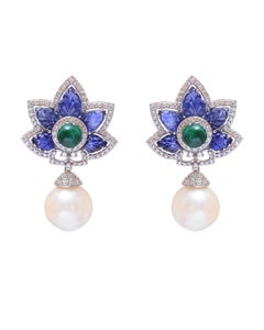Natural Pearl, Emerald, Sapphire & Diamond Dangle Earrings in 14k Gold