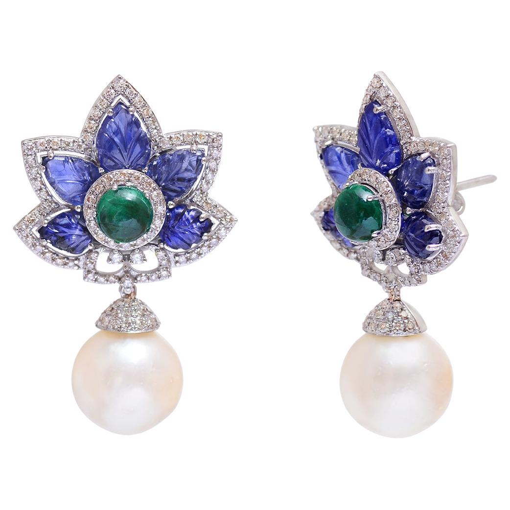Pearl Dangle Earrings with Diamond, Emerald and Sapphire in 14k Gold For Sale