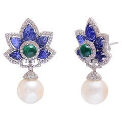 Pearl Dangle Earrings with Diamond, Emerald and Sapphire in 14k Gold