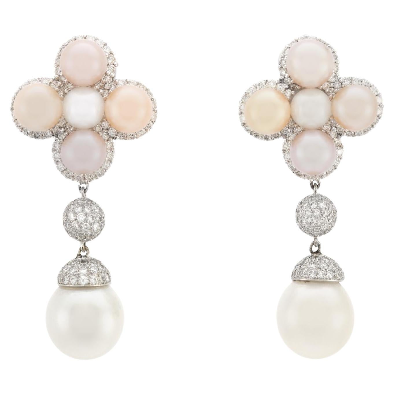 Pearl Dangle Earrings with Diamonds For Sale