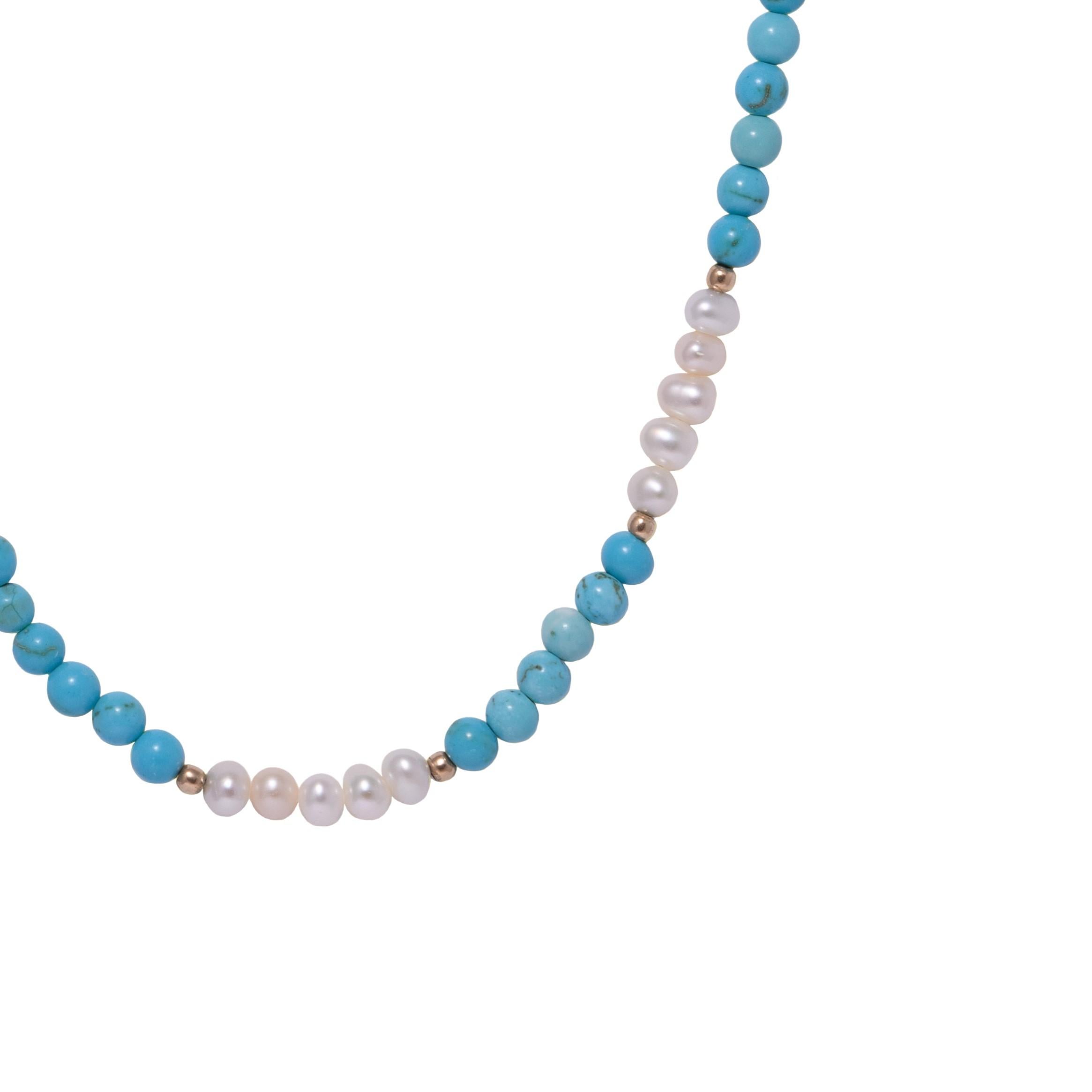 Contemporary Freshwater Pearl and Turquoise Gold Plated Stainless Steel Beaded Necklace For Sale