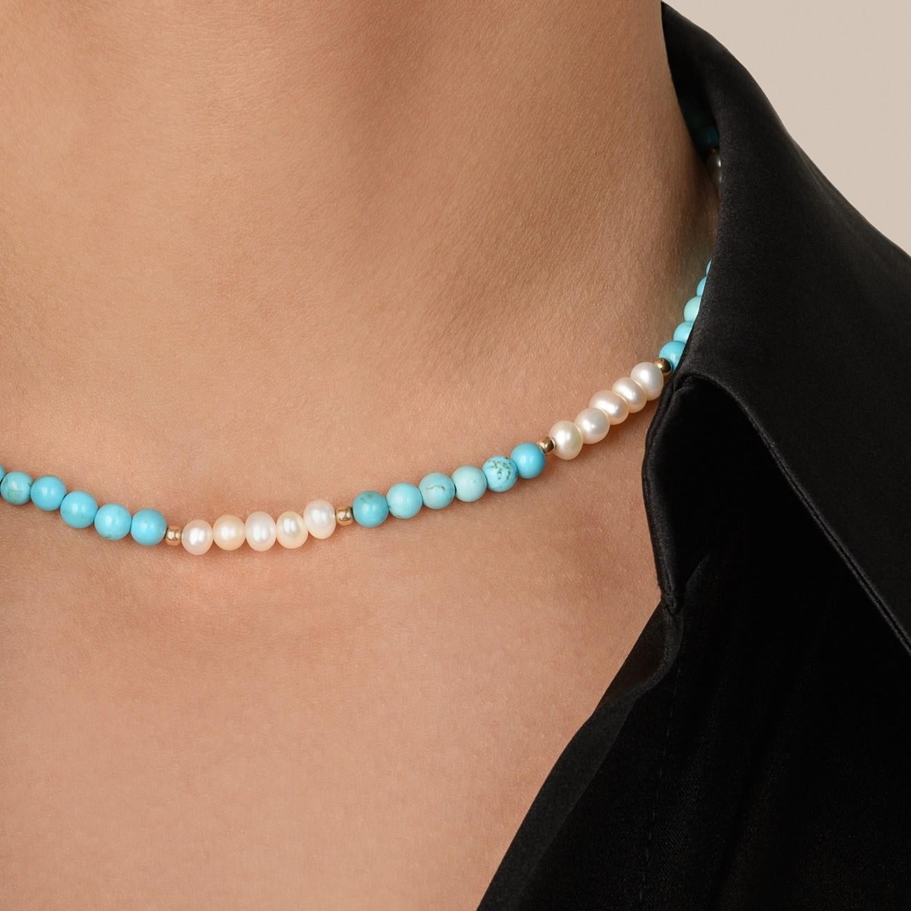 Uncut Freshwater Pearl and Turquoise Gold Plated Stainless Steel Beaded Necklace For Sale
