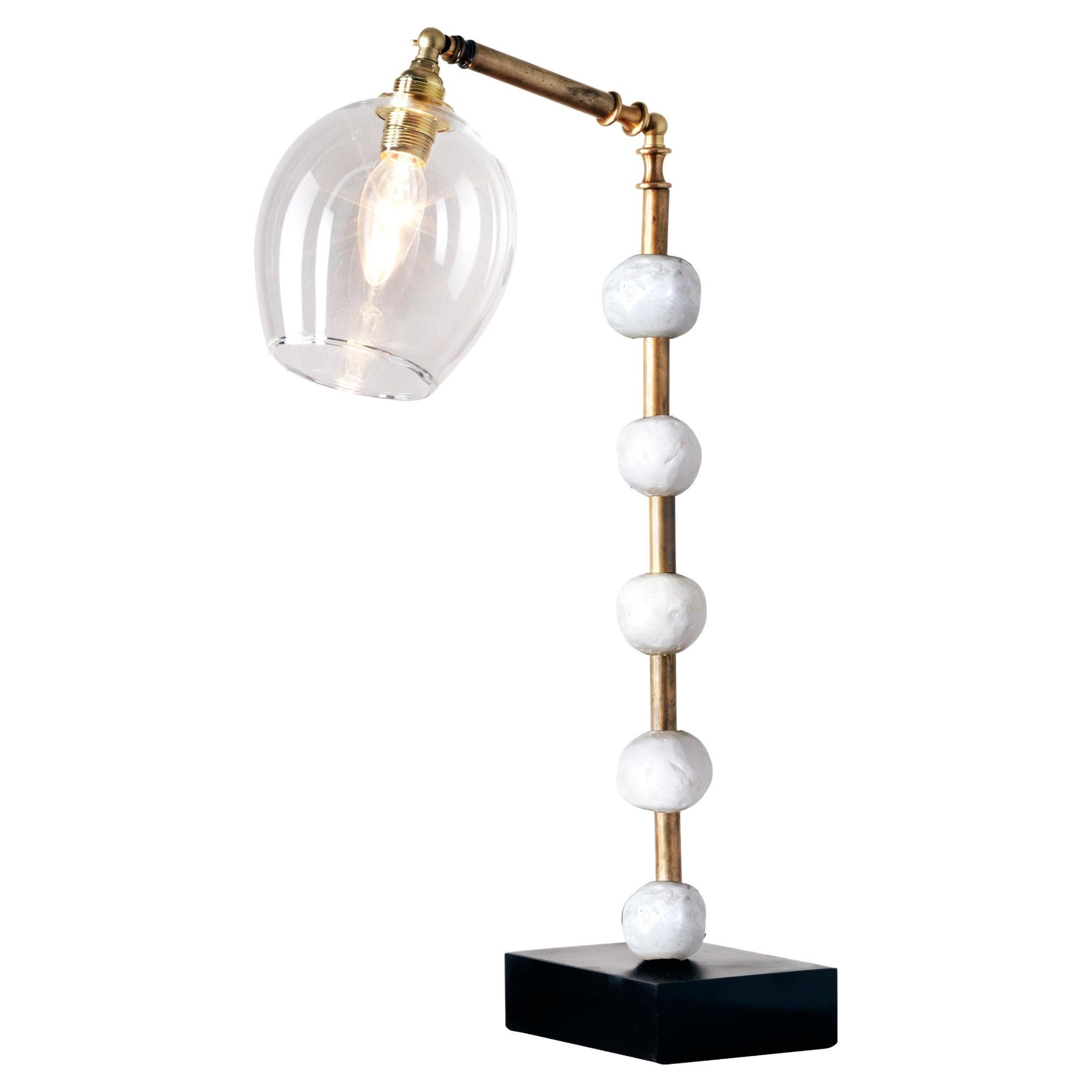 Contemporary Pearl Desk Lamp with White Sculptural Spheres, Brass on Slate Base