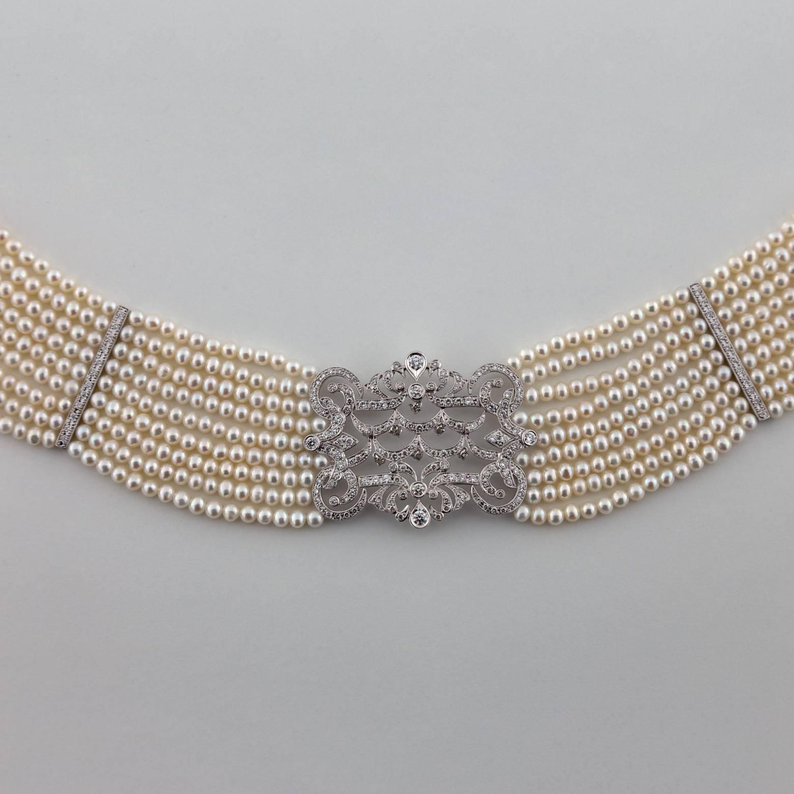 Art Deco Pearl Diamond 14 Karat Gold Choker Necklace