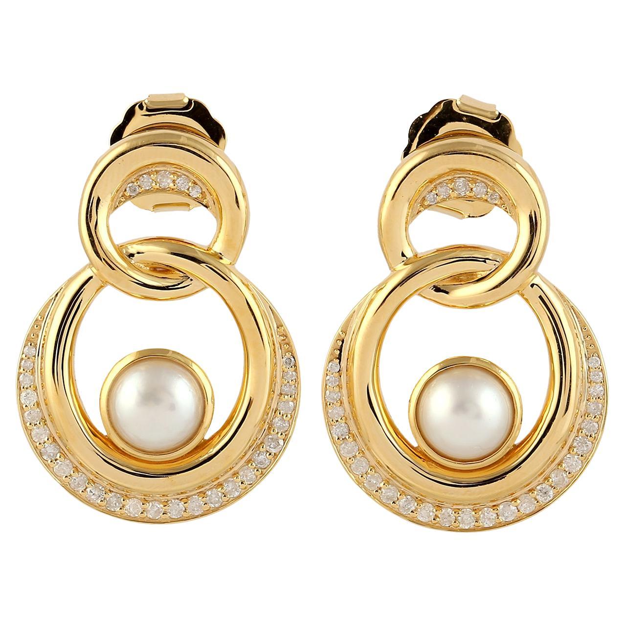 Pearl Diamond 14 Karat Gold Interlocking Earrings For Sale