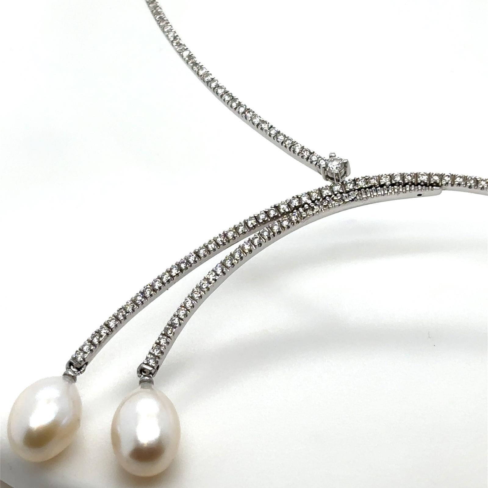 Modern Pearl Diamond 14 Karat White Gold Négligée Necklace For Sale