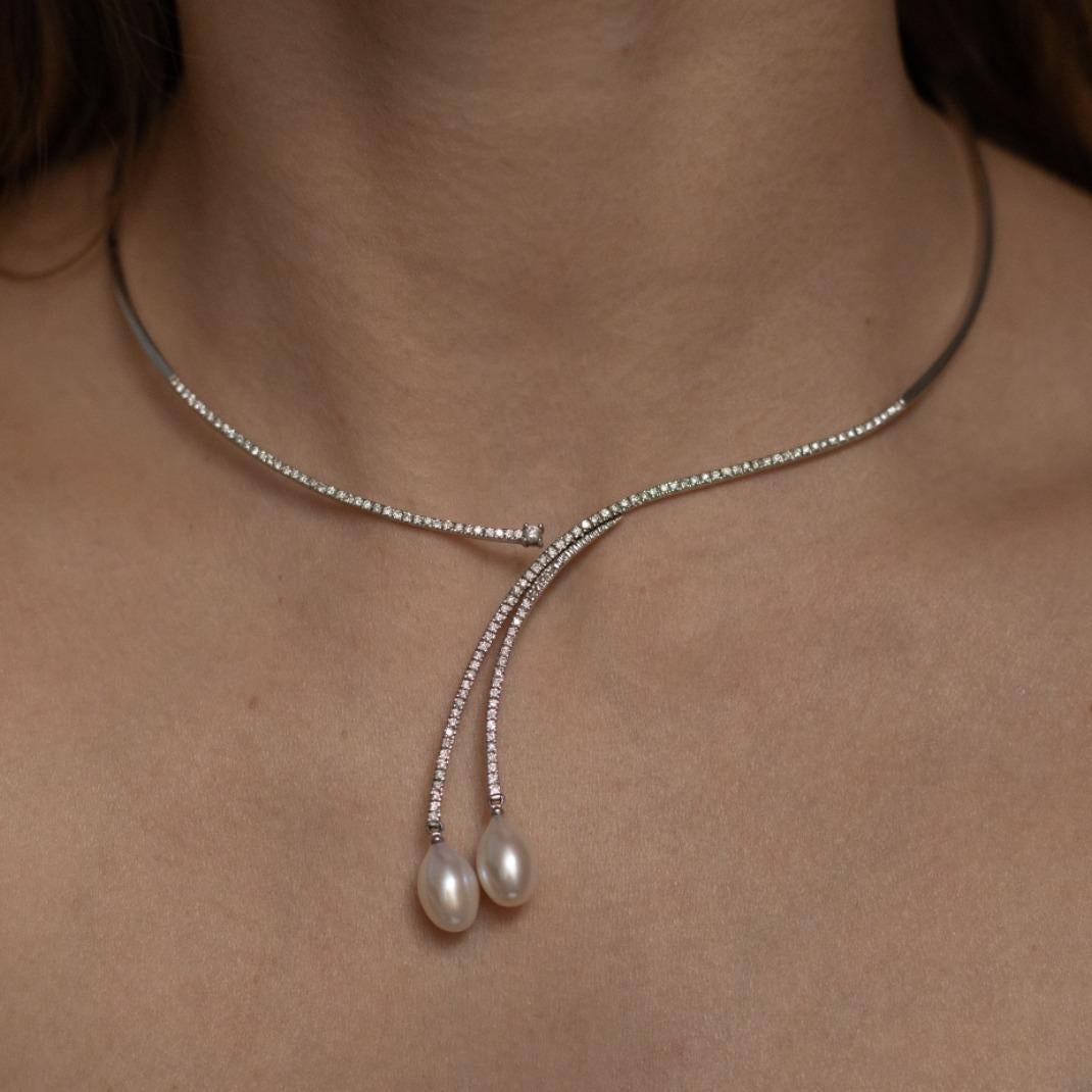Round Cut Pearl Diamond 14 Karat White Gold Négligée Necklace For Sale