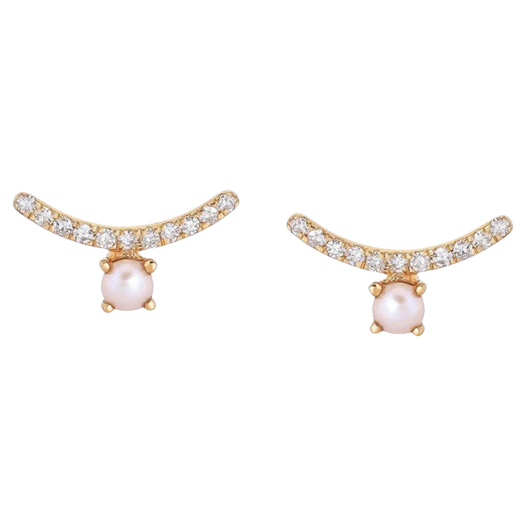 Pearl Diamond 14K (or 18k upon request) Yellow Gold Stud Earrings For Sale