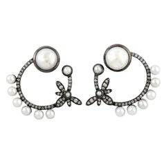 Pearl Diamond 18 Karat Gold Bee Hoop Earrings