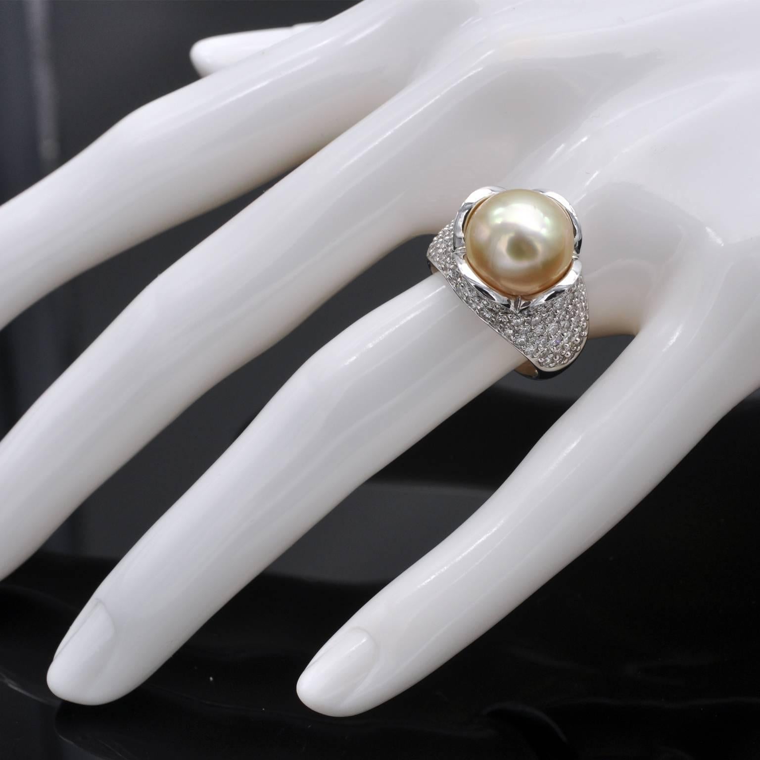 Brilliant Cut Pearl and Diamond 18-Karat Gold Cocktail Ring For Sale