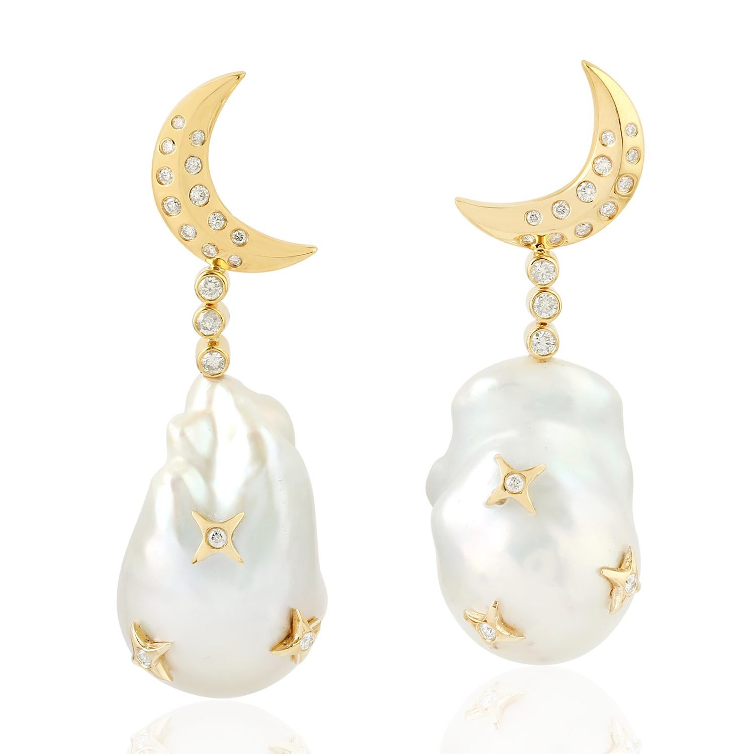Modern Pearl Diamond 18 Karat Gold Crescent Earrings For Sale