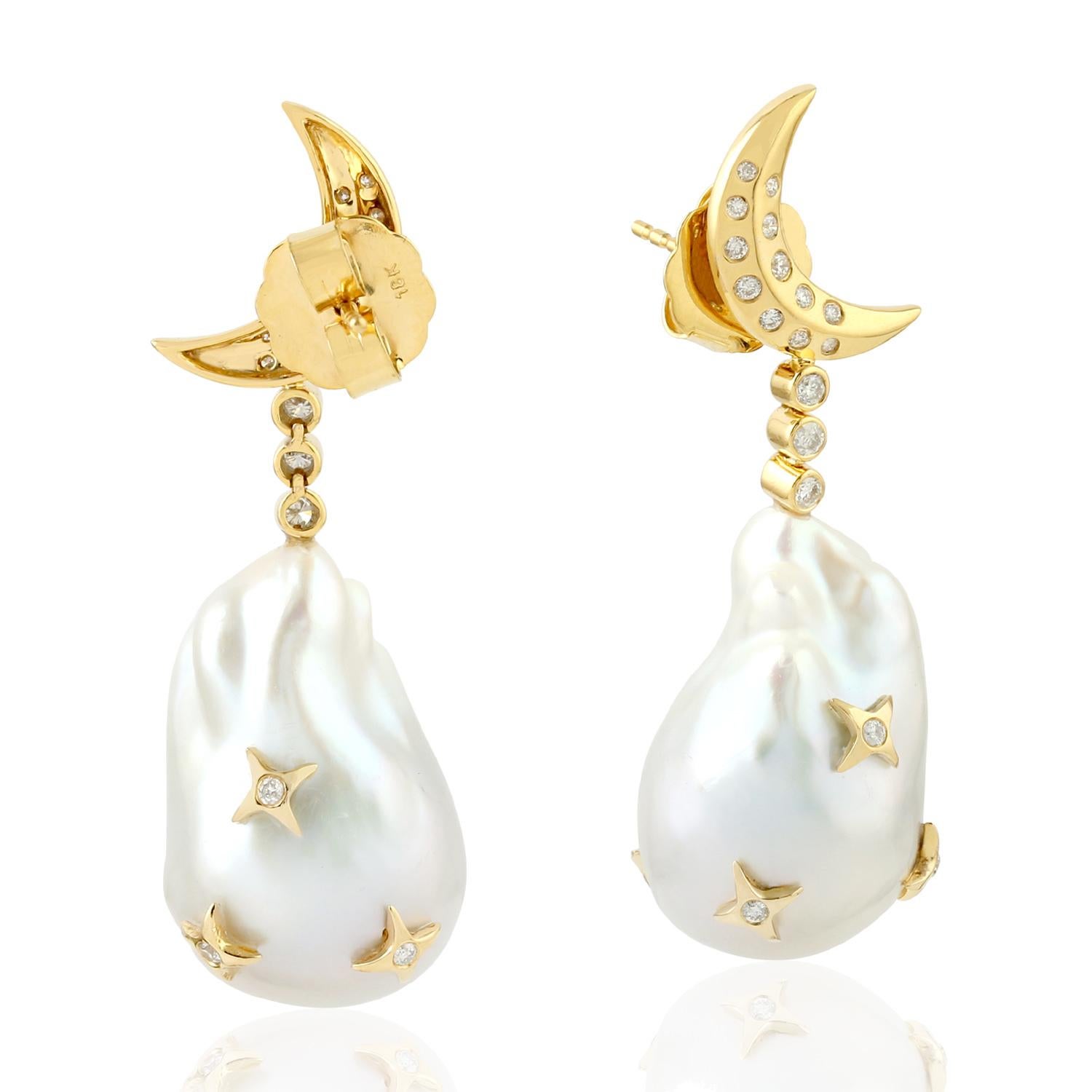 Single Cut Pearl Diamond 18 Karat Gold Crescent Earrings For Sale