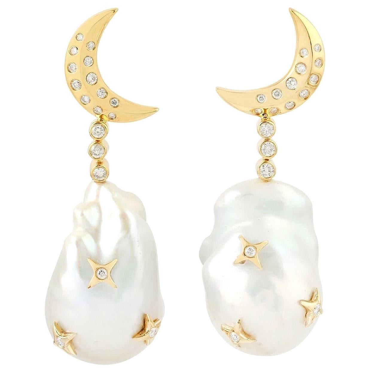 Pearl Diamond 18 Karat Gold Crescent Earrings For Sale