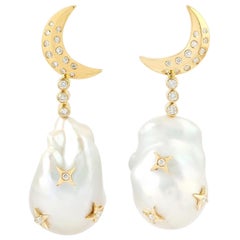 Pearl Diamond 18 Karat Gold Crescent Earrings