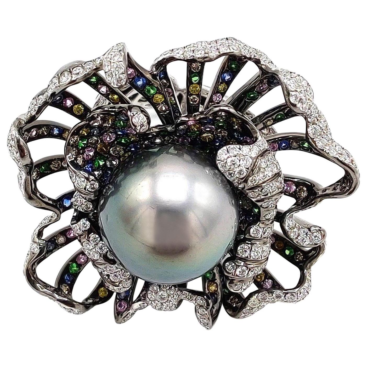 For Sale:  Pearl Diamond 18 Karat Gold Flower Statement Ring