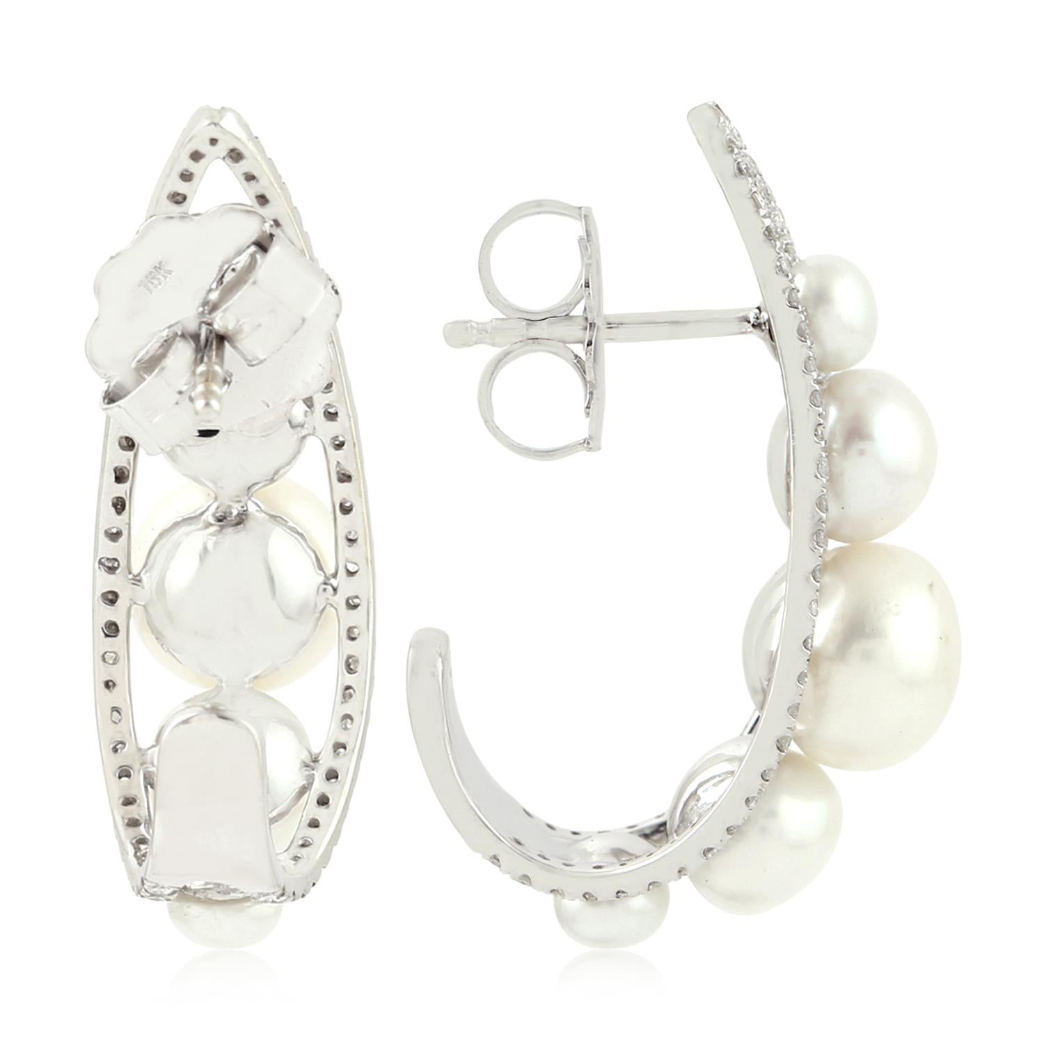 Contemporary Pearl Diamond 18 Karat Gold Hoop Earrings For Sale