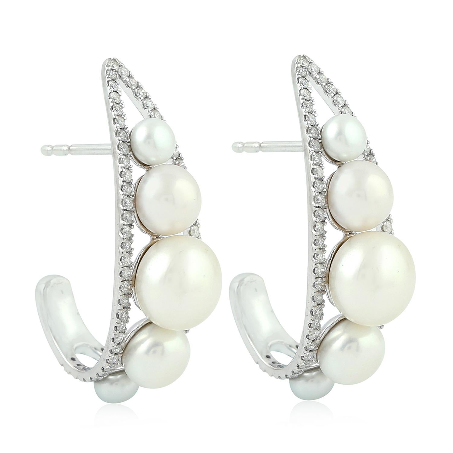 Mixed Cut Pearl Diamond 18 Karat Gold Hoop Earrings For Sale