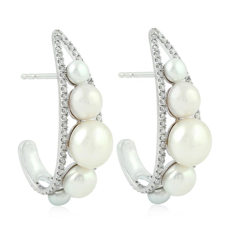 Pearl Diamond 18 Karat Gold Hoop Earrings For Sale at 1stDibs