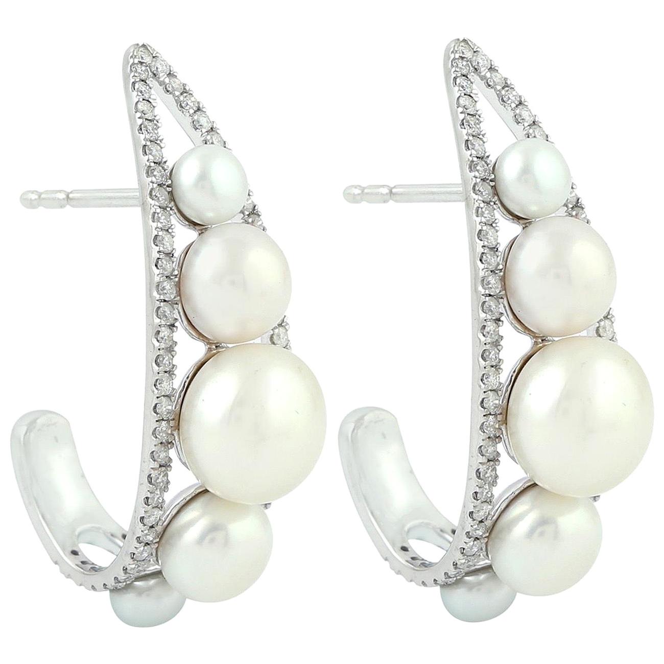Pearl Diamond 18 Karat Gold Hoop Earrings For Sale