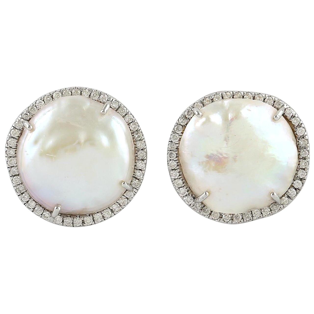 Pearl Diamond 18 Karat Gold Stud Earrings For Sale