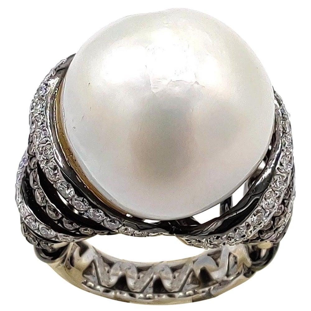 For Sale:  Pearl Diamond 18 Karat White Gold Bombe Ring