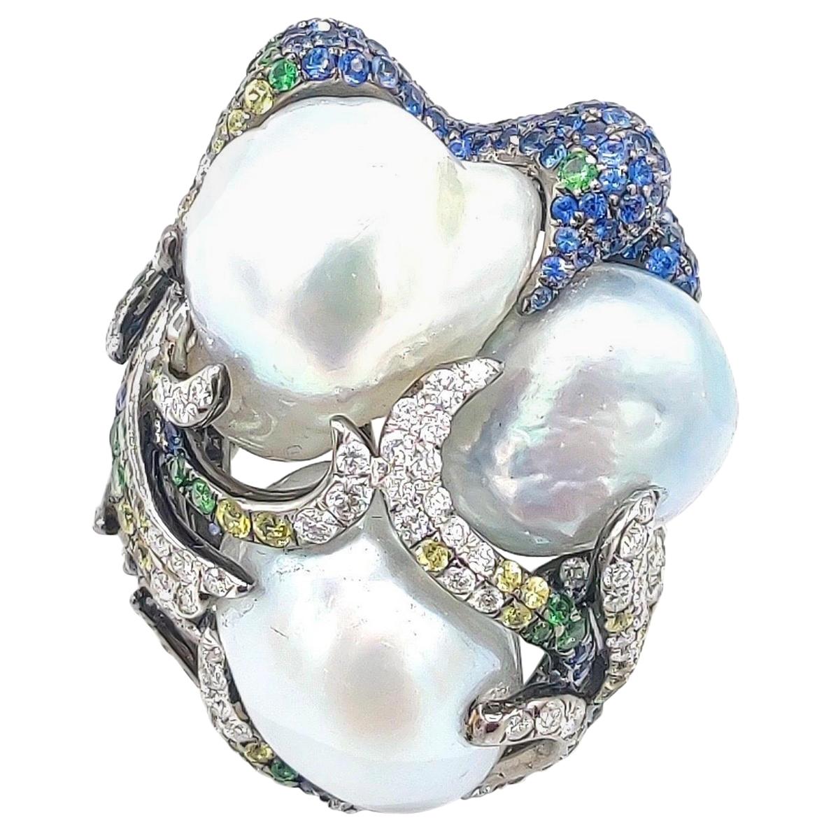 Pearl Diamond 14 Karat White Gold Statement Bombe Ring For Sale