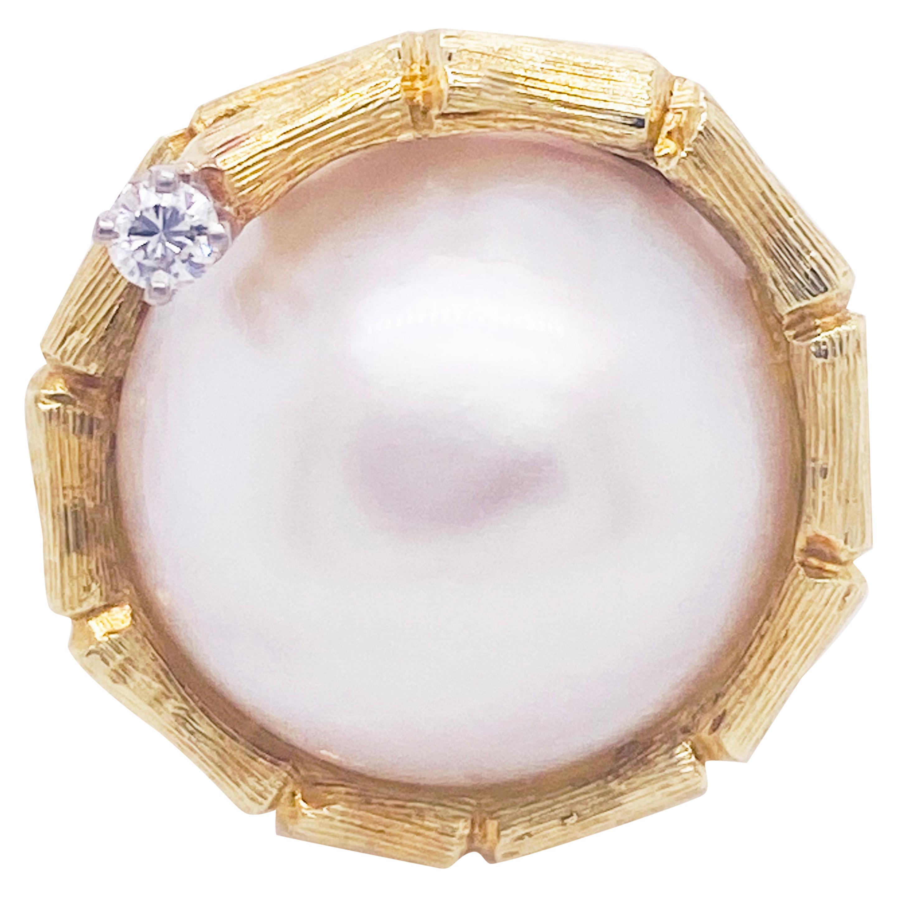 18 Karat Pearl Diamond Yellow Gold Ring, 18 Karat, Genuine Mabe Pearl Ring  For Sale