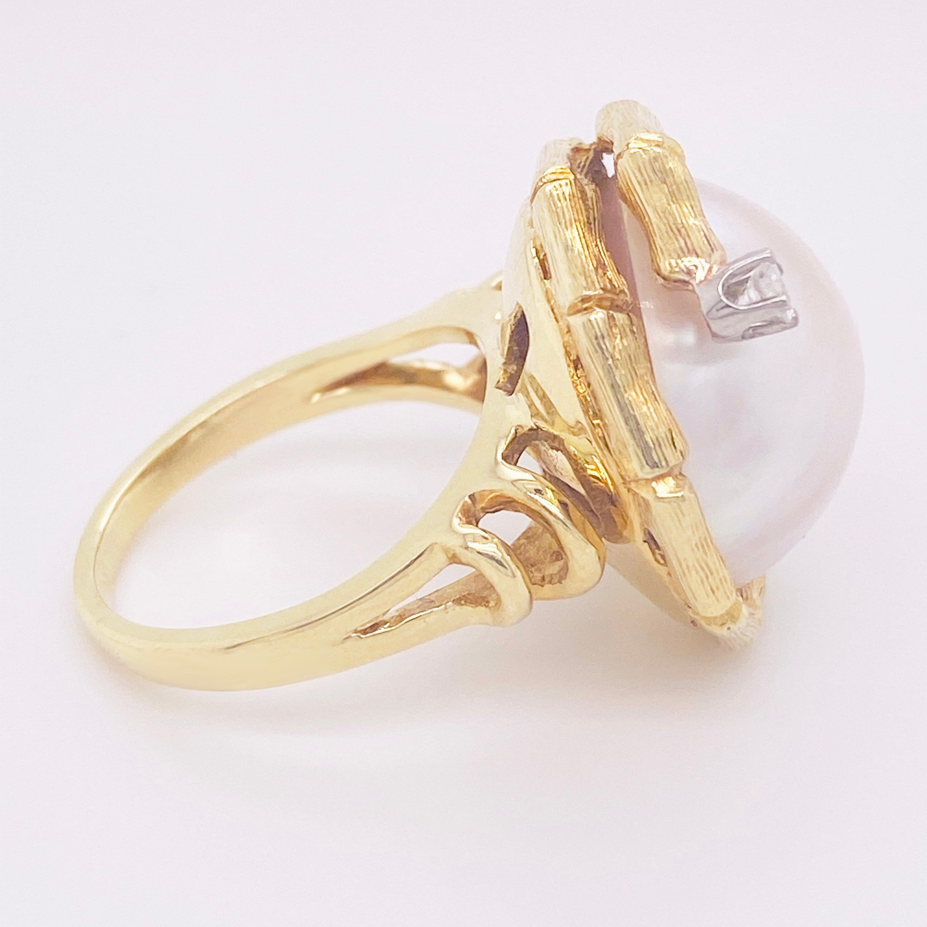 Artisan 18 Karat Pearl Diamond Yellow Gold Ring, 18 Karat, Genuine Mabe Pearl Ring  For Sale