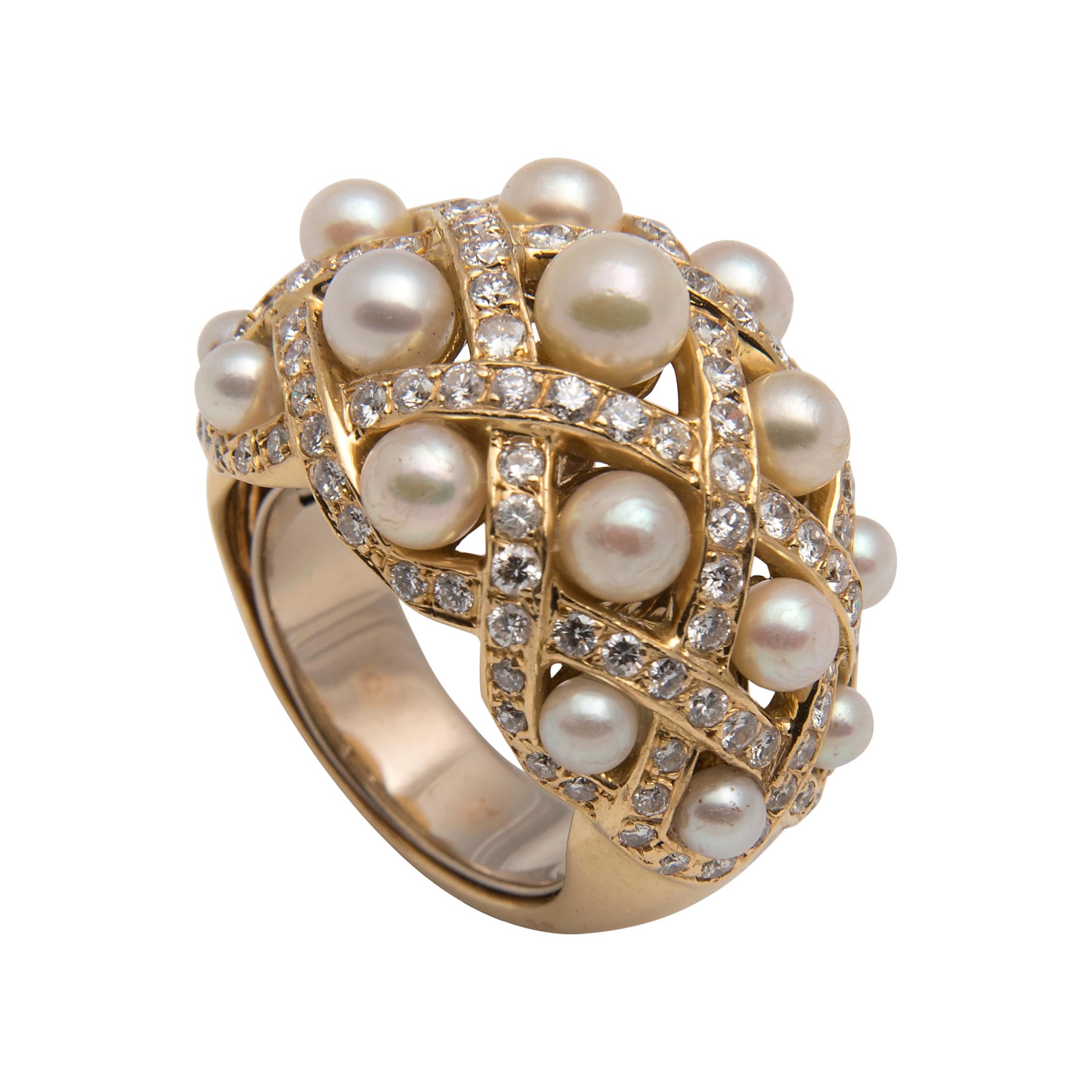 Pearl, Diamond and 18 Karat Gold Bombé Cocktail Ring For Sale